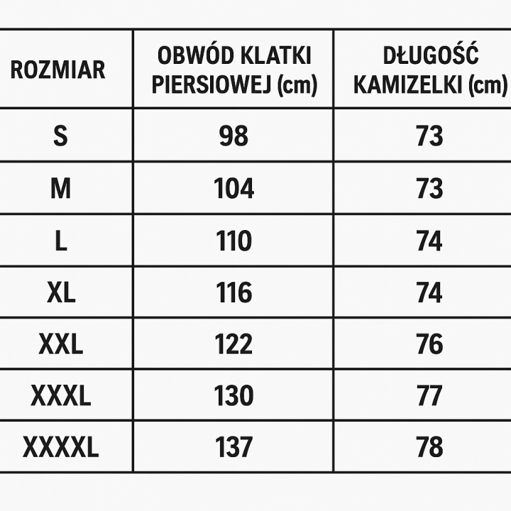 kamizelka wymiary tabela rozmiarów